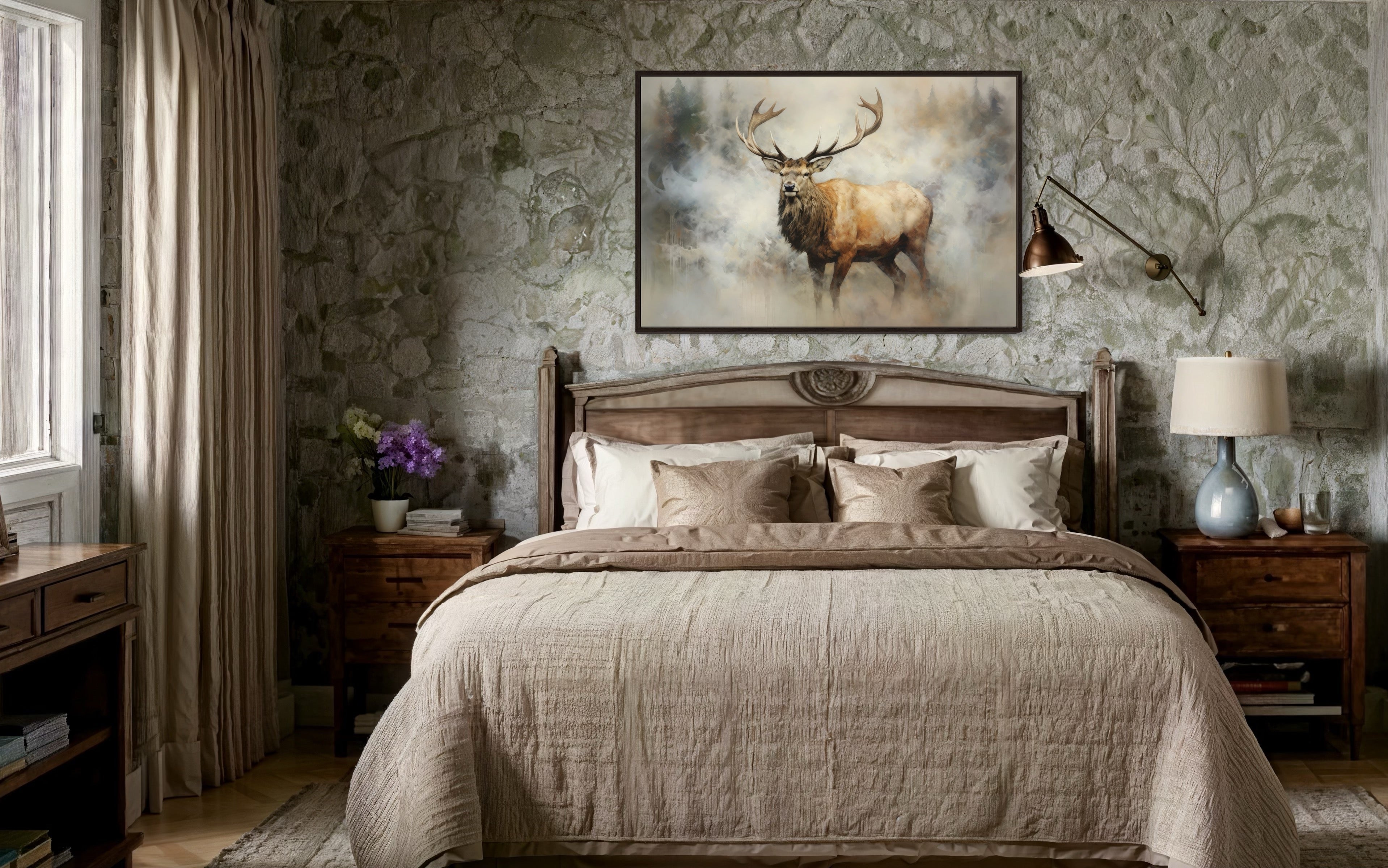 Elk In Smokey Forest Framed Rustic Canvas Wall Art