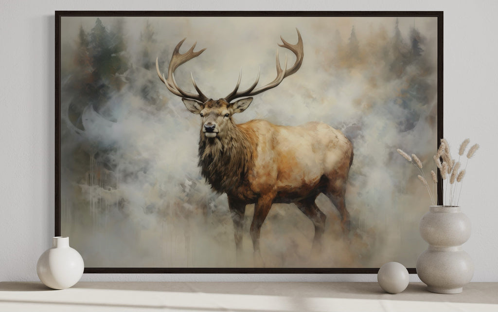 Elk In Smokey Forest Framed Rustic Canvas Wall Art