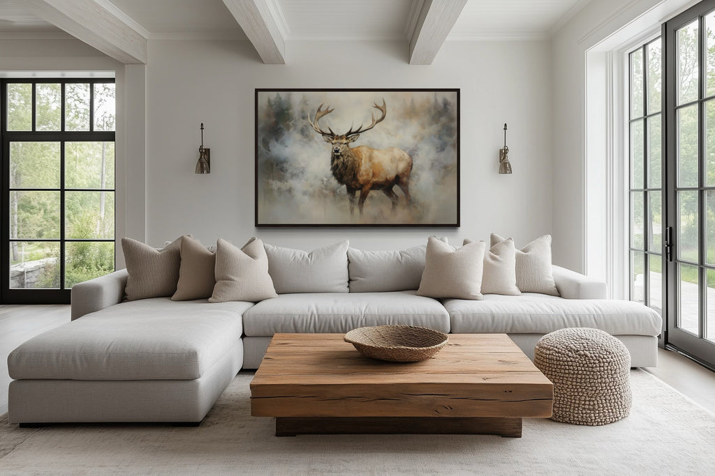 Elk In Smokey Forest Framed Rustic Canvas Wall Art