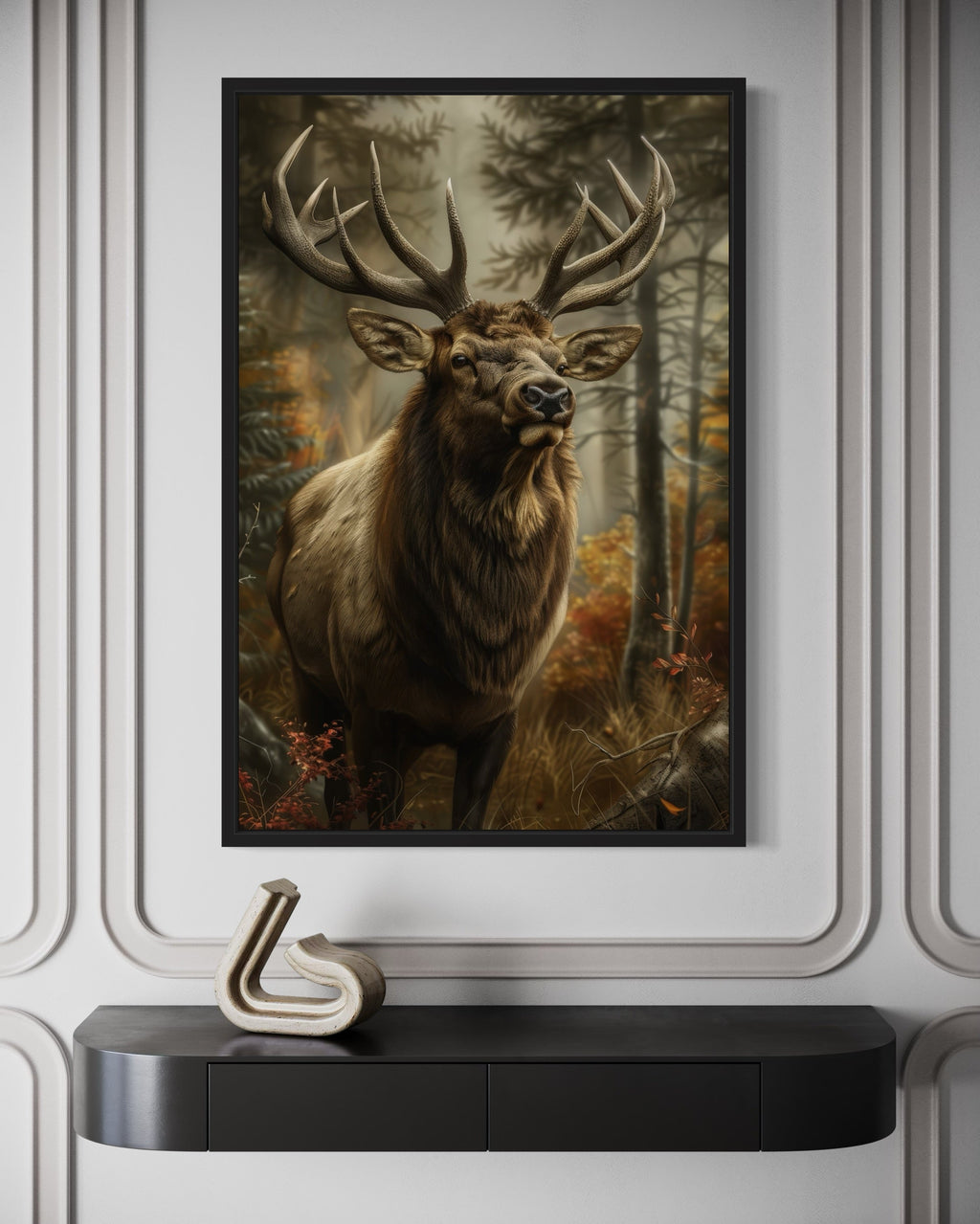 Elk In The Forest Framed Canvas Wall Art