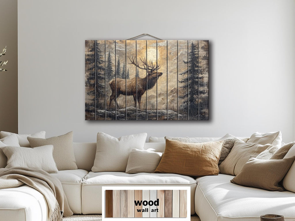 Elk In The Forest Rustic Wood Wall Art For Cabin Decor