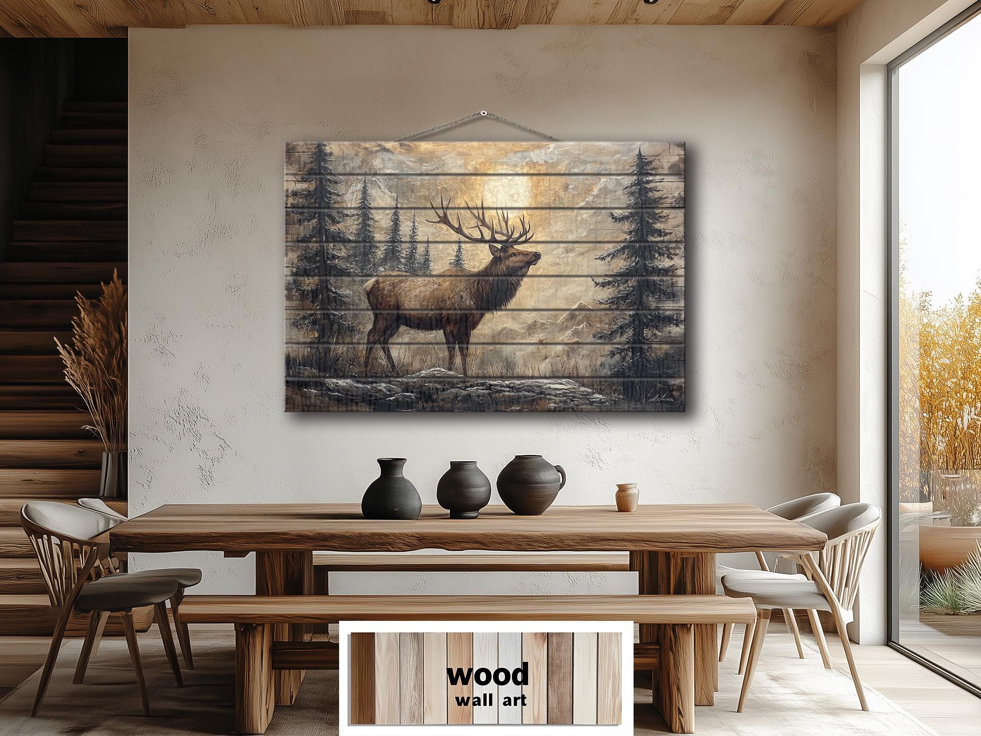 Elk In The Forest Rustic Wood Wall Art For Cabin Decor