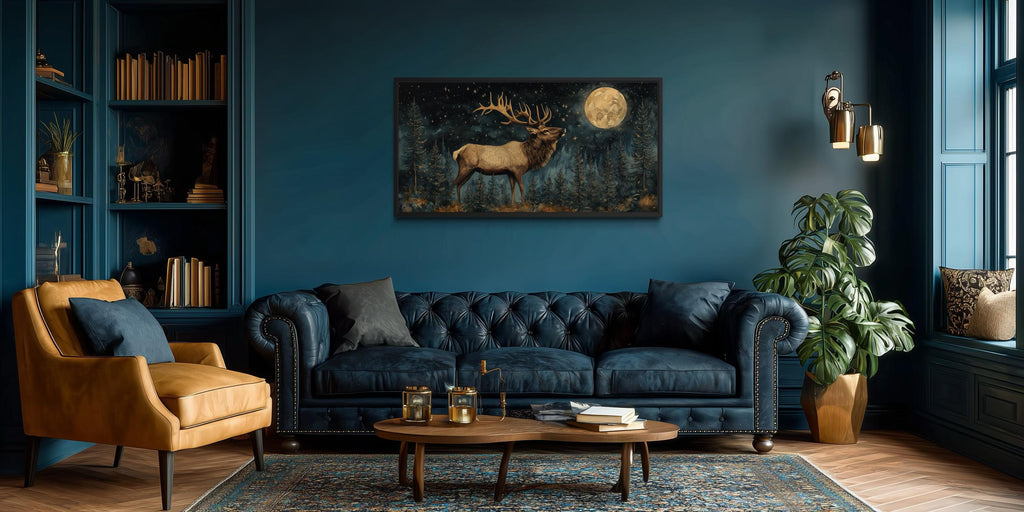 Elk In The Night Forest With Full Moon Wall Art | Rustic Lodge Decor