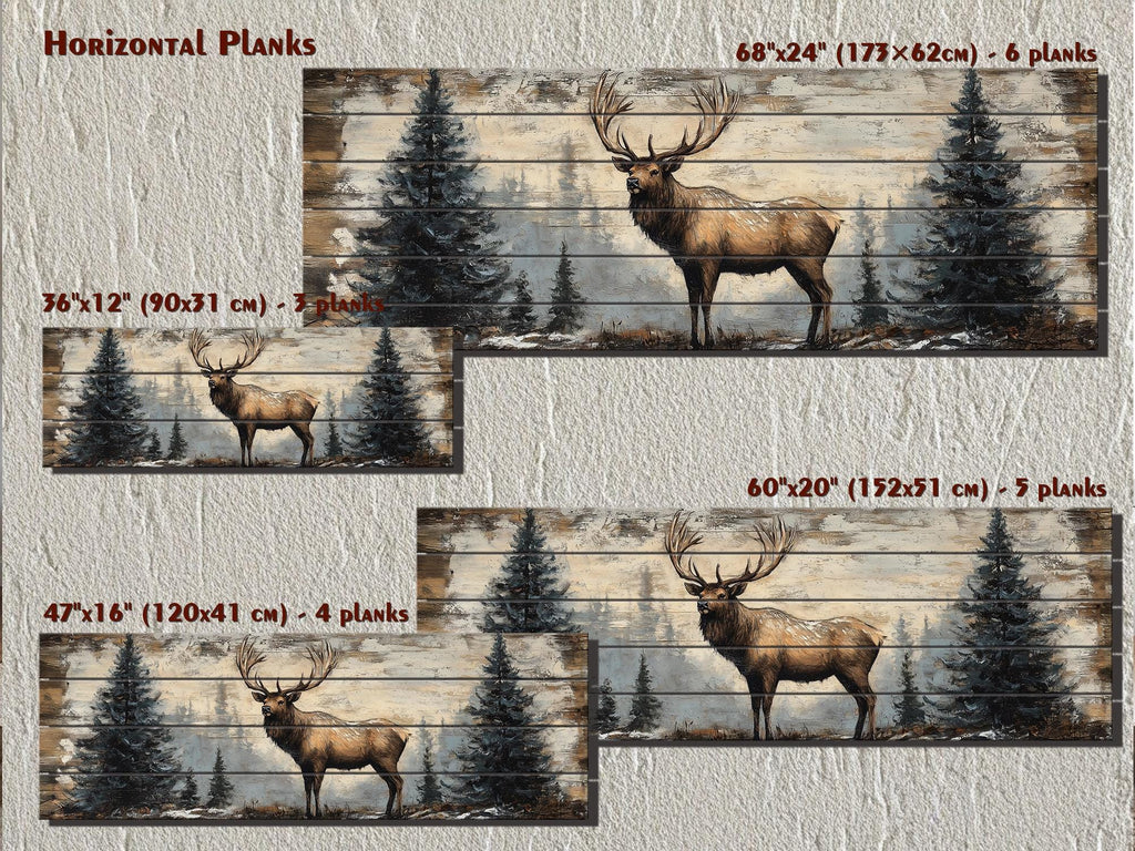 Elk In Winter Forest Long Horizontal Real Wood Wall Art For Cabin Decor
