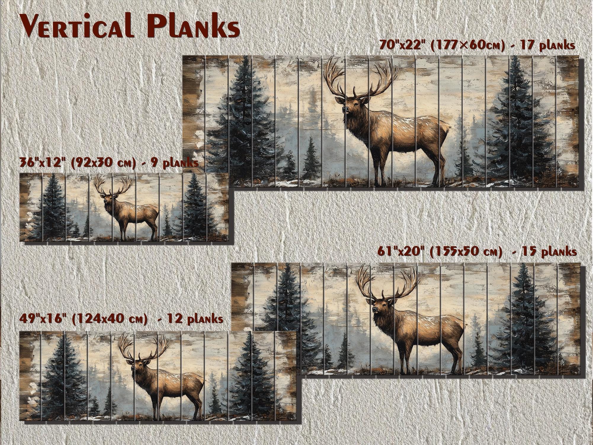 Elk In Winter Forest Long Horizontal Real Wood Wall Art For Cabin Decor