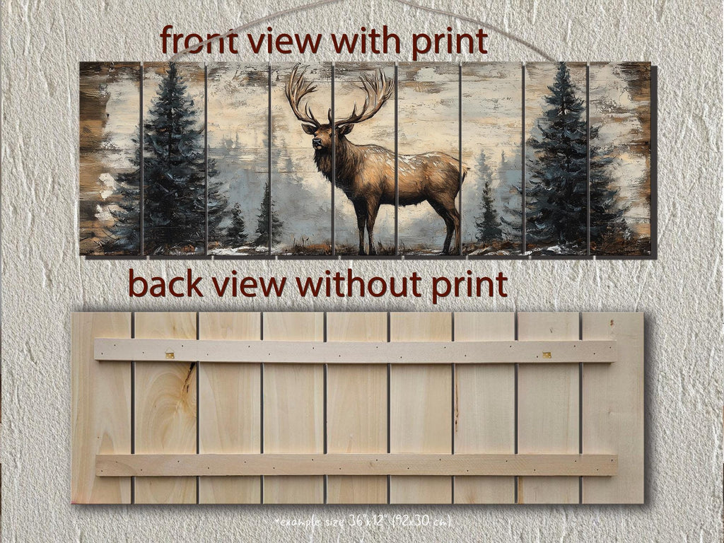 Elk In Winter Forest Long Horizontal Real Wood Wall Art For Cabin Decor
