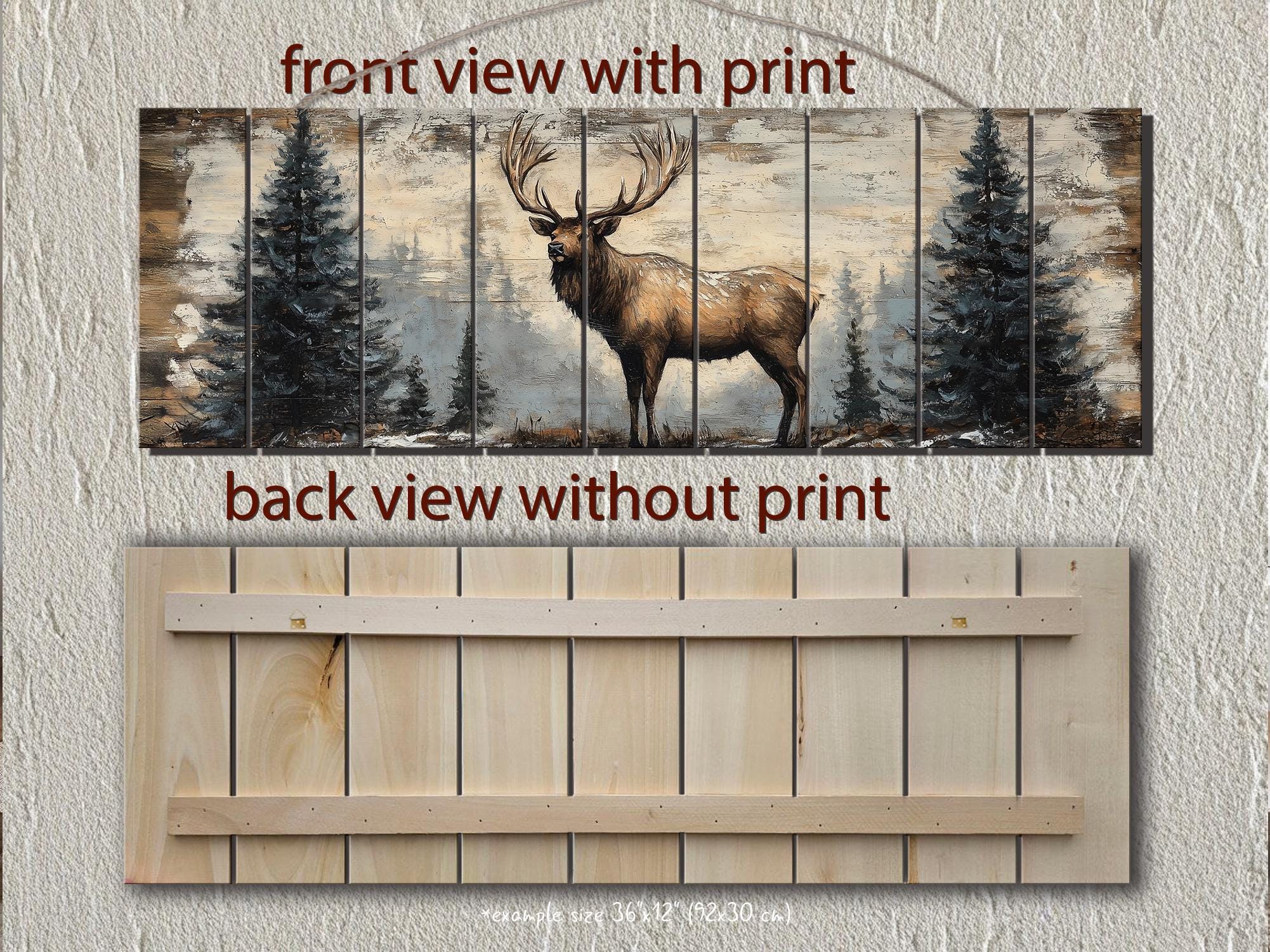 Elk In Winter Forest Long Horizontal Real Wood Wall Art For Cabin Decor