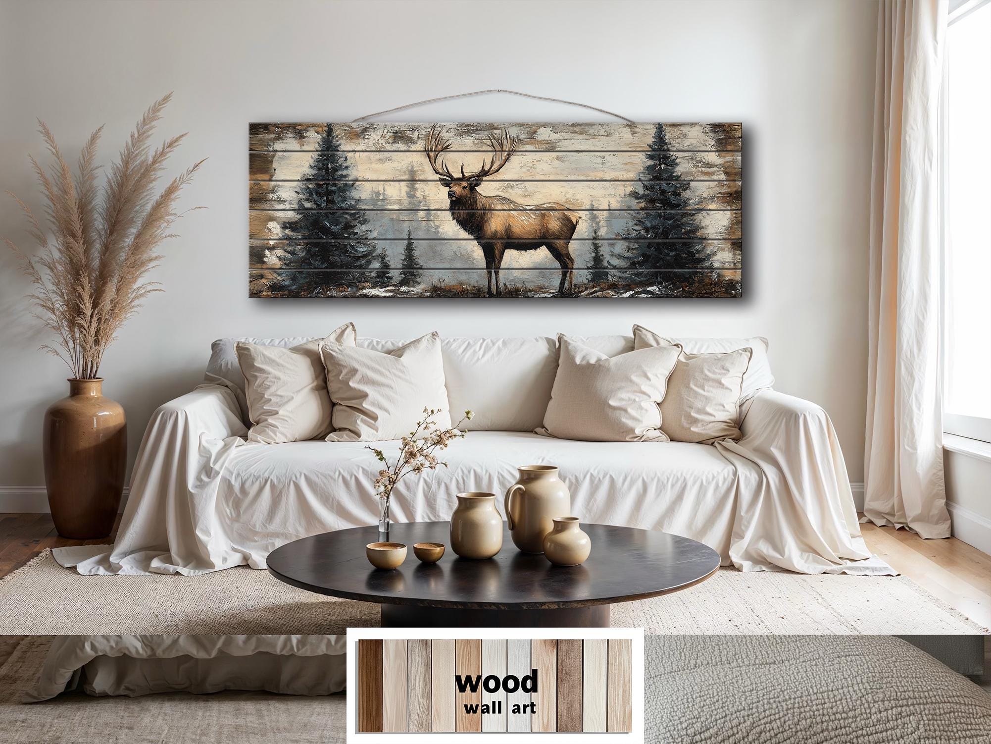 Elk In Winter Forest Long Horizontal Real Wood Wall Art For Cabin Decor