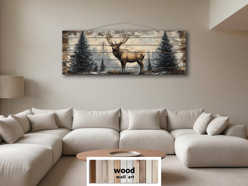 Elk In Winter Forest Long Horizontal Real Wood Wall Art For Cabin Decor