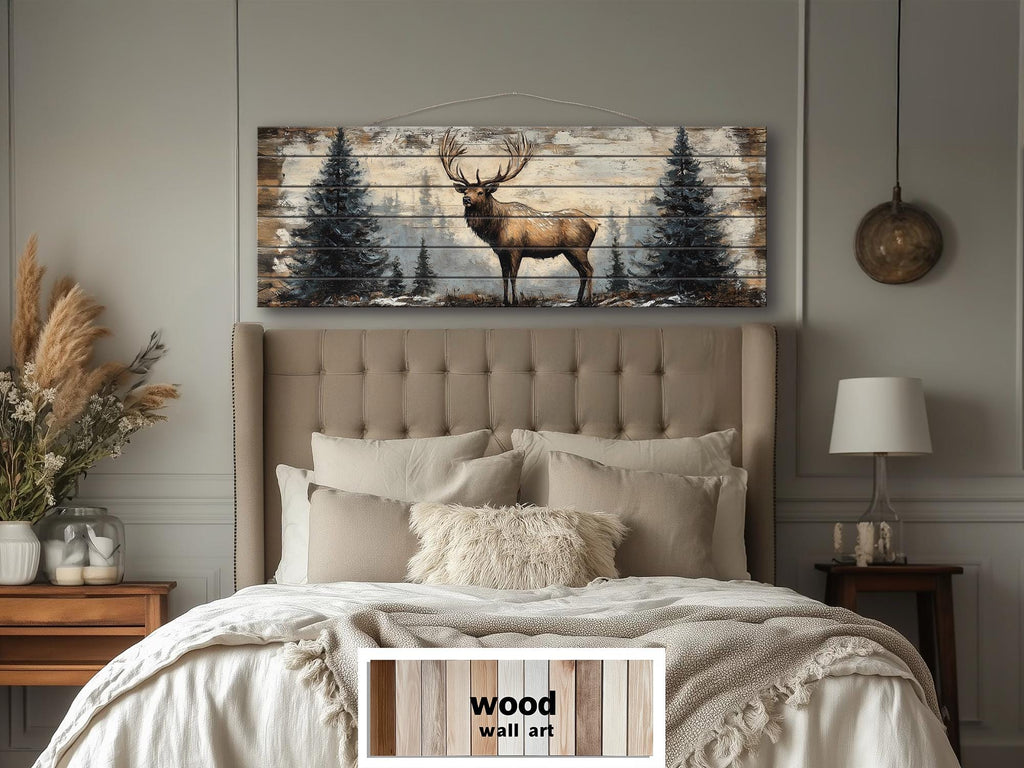 Elk In Winter Forest Long Horizontal Real Wood Wall Art For Cabin Decor