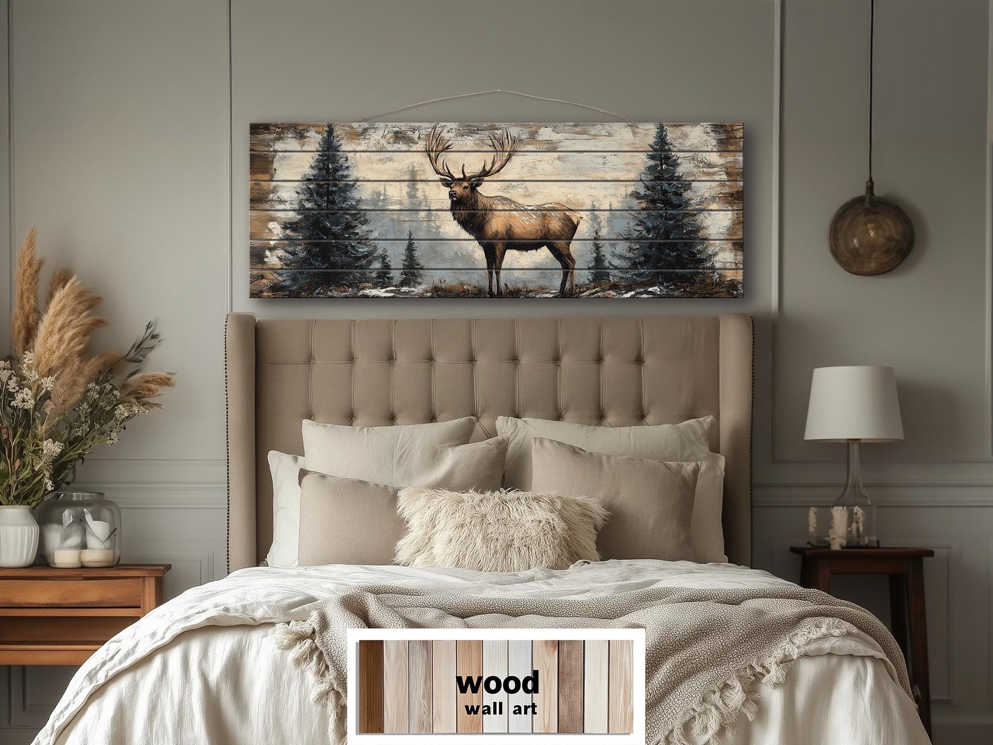 Elk In Winter Forest Long Horizontal Real Wood Wall Art For Cabin Decor