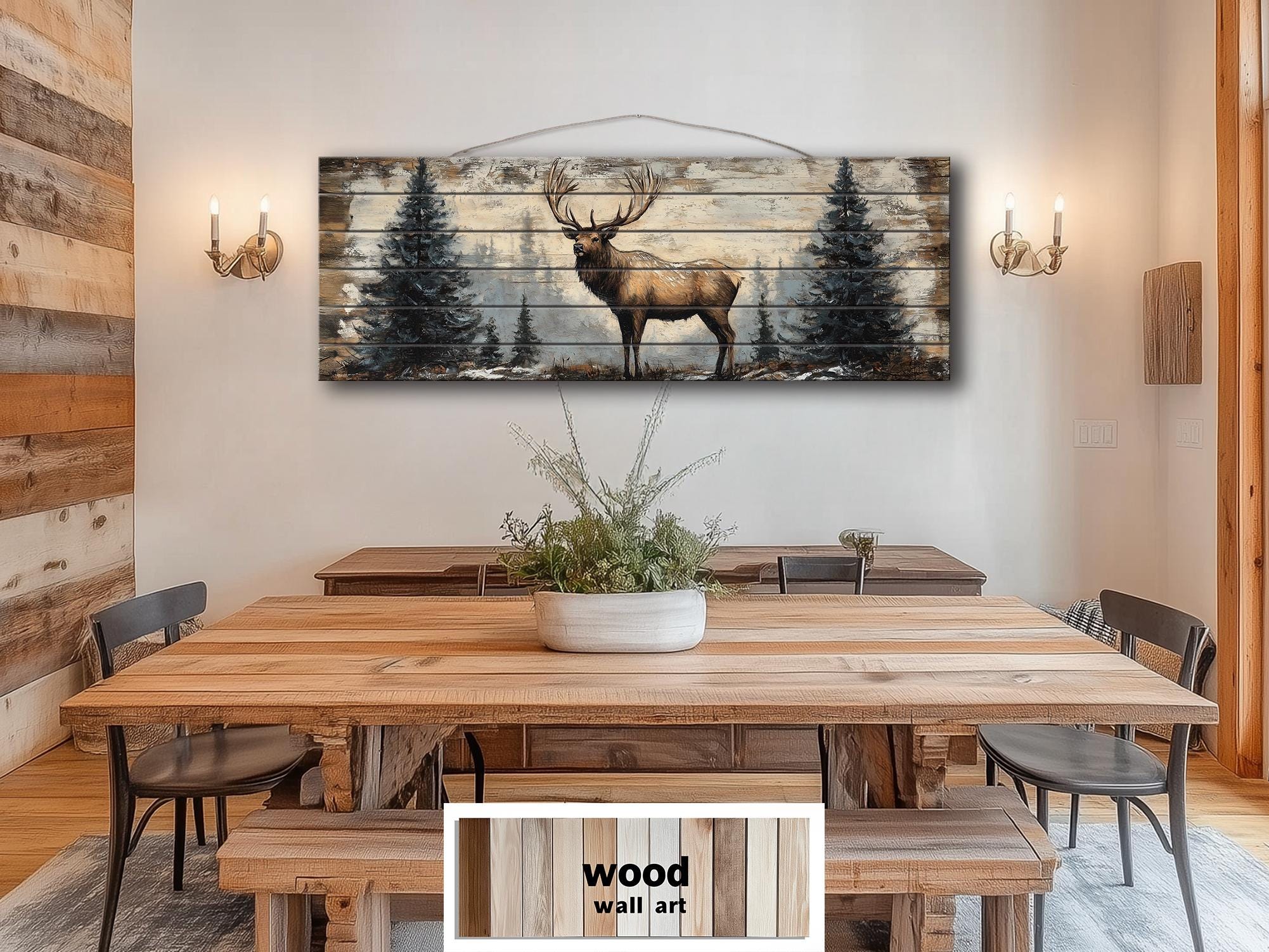 Elk In Winter Forest Long Horizontal Real Wood Wall Art For Cabin Decor