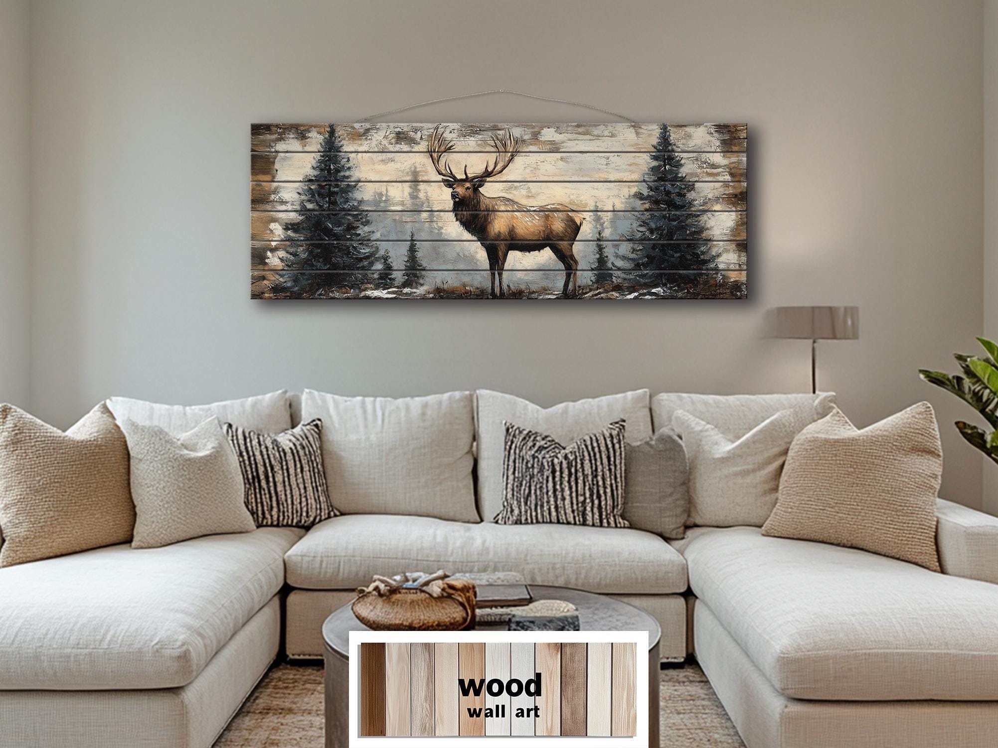 Elk In Winter Forest Long Horizontal Real Wood Wall Art For Cabin Decor