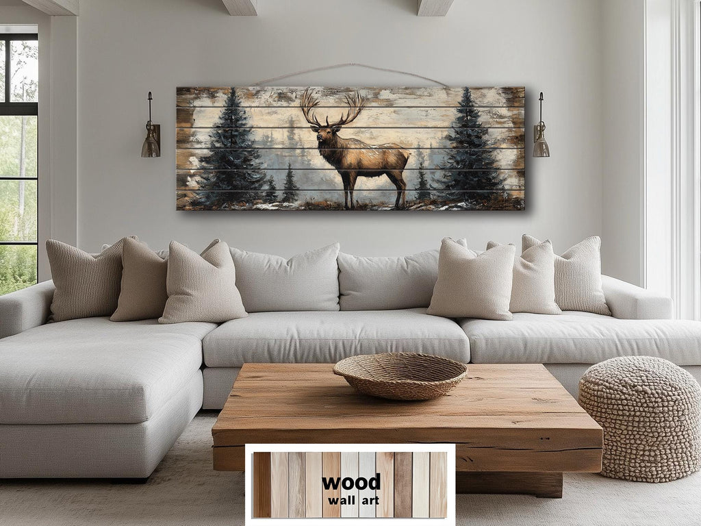 Elk In Winter Forest Long Horizontal Real Wood Wall Art For Cabin Decor