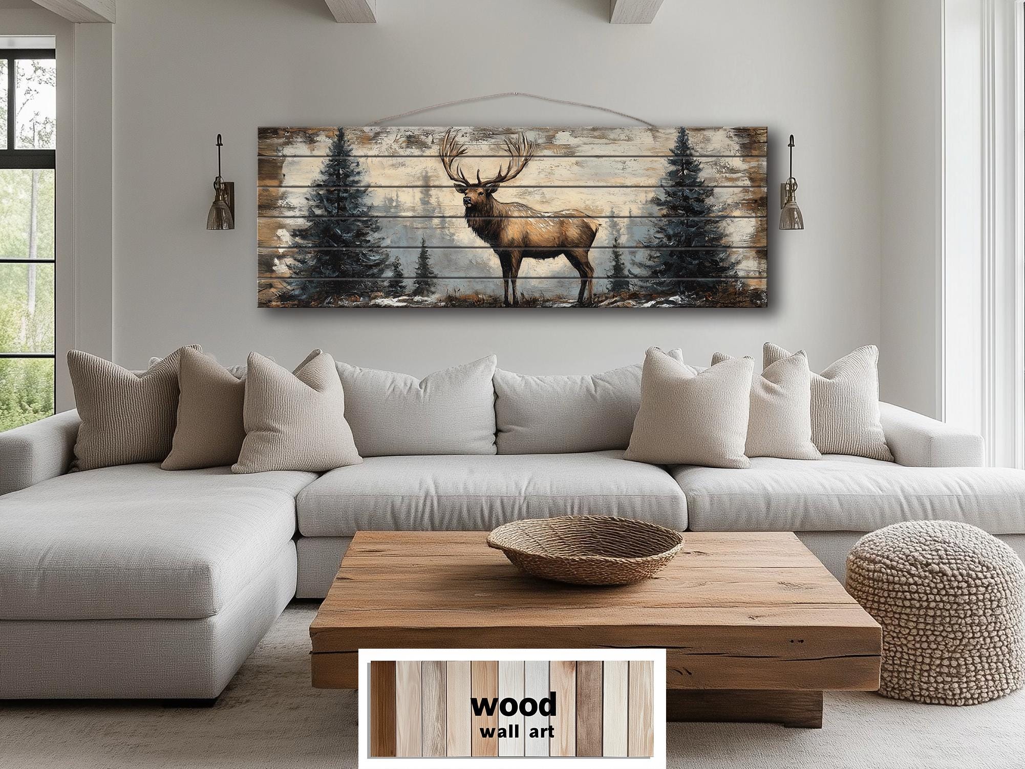 Elk In Winter Forest Long Horizontal Real Wood Wall Art For Cabin Decor