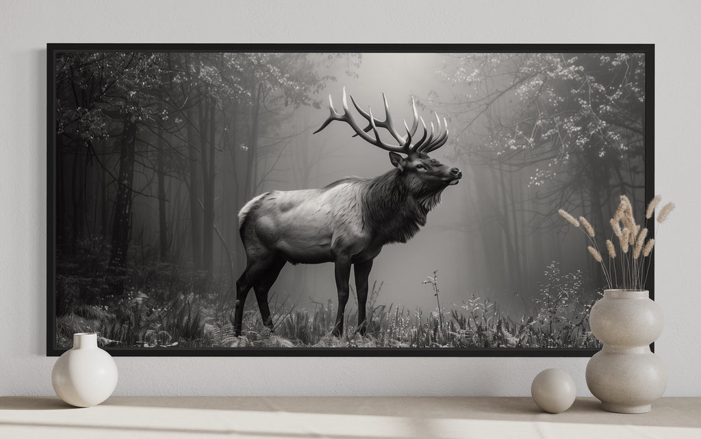 Elk Stag In The Forest Black White Photography Framed Canvas Wall Art