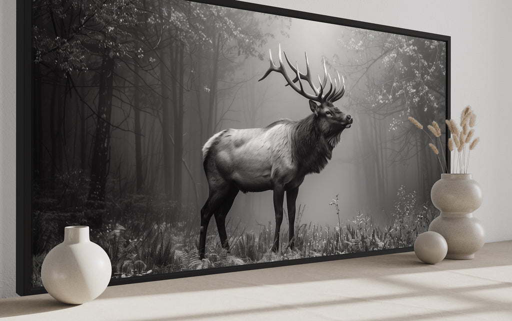 Elk Stag In The Forest Black White Photography Framed Canvas Wall Art