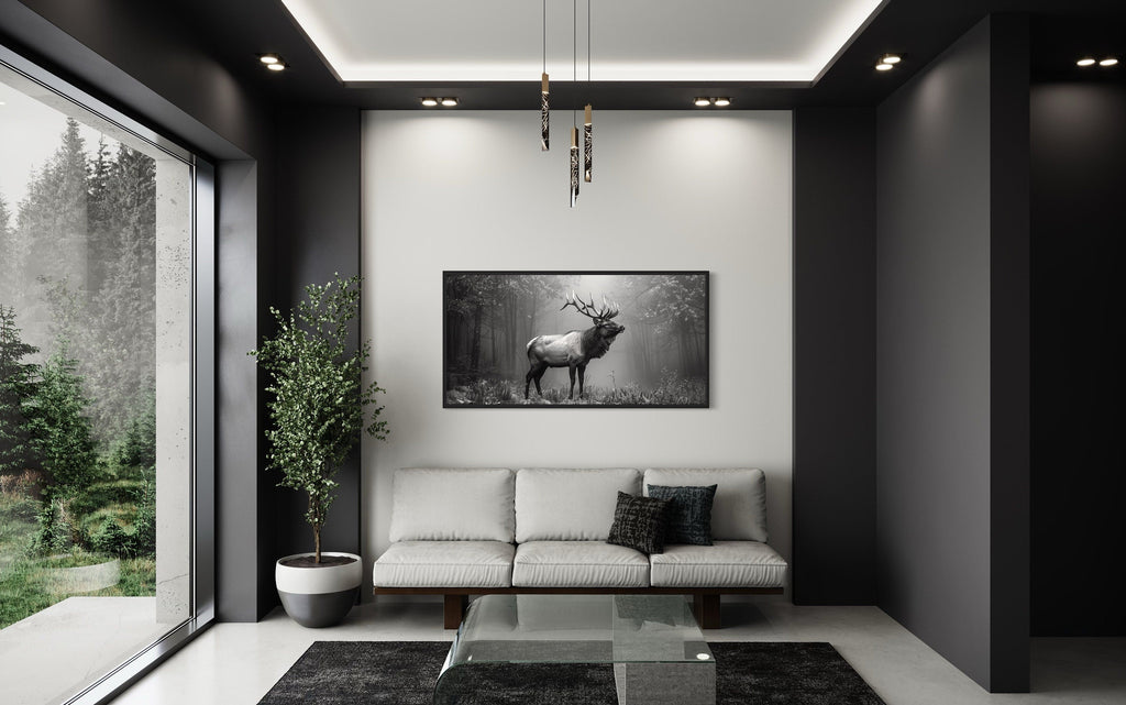 Elk Stag In The Forest Black White Photography Framed Canvas Wall Art