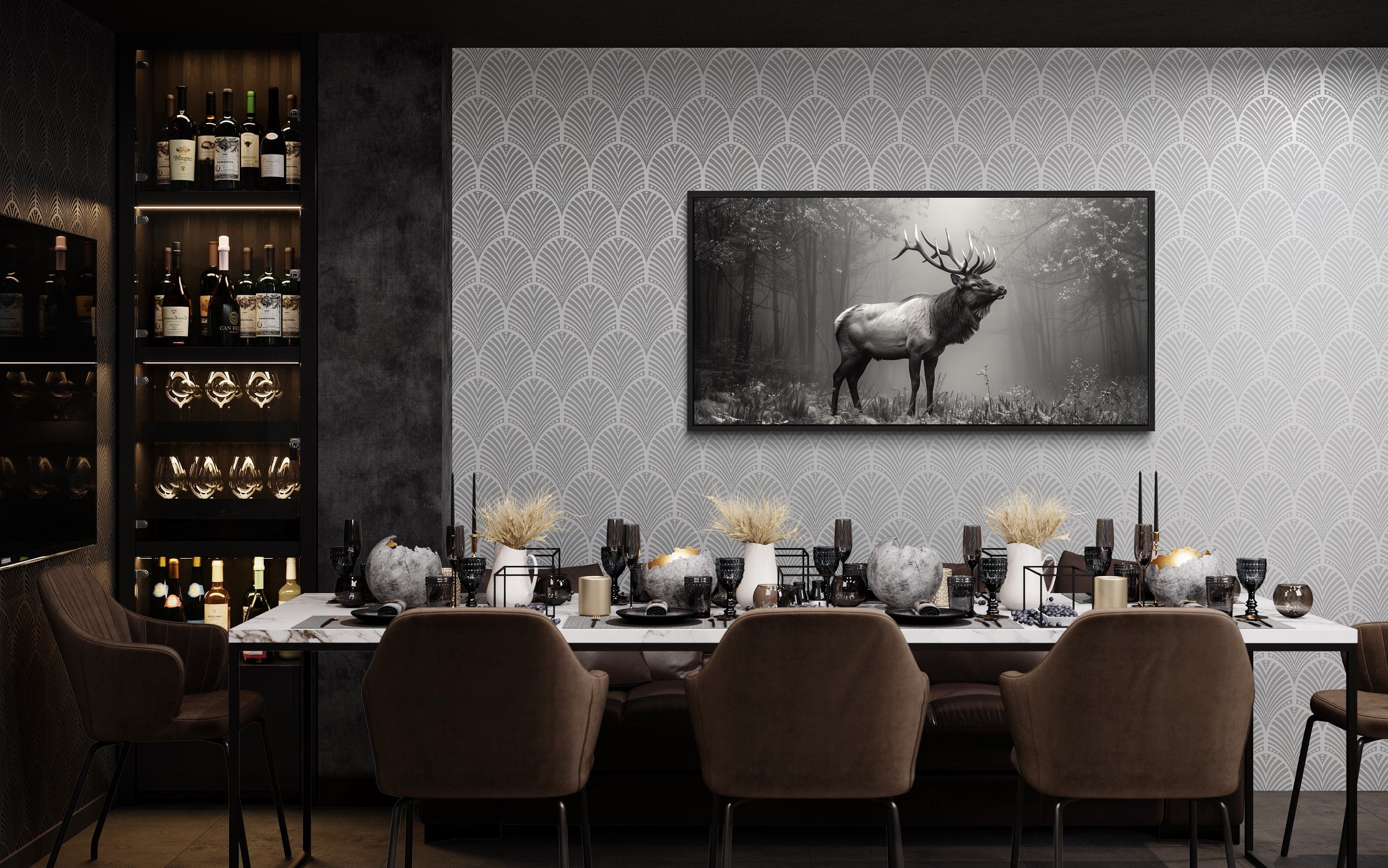 Elk Stag In The Forest Black White Photography Framed Canvas Wall Art