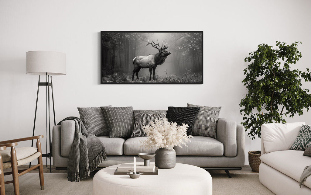 Elk Stag In The Forest Black White Photography Framed Canvas Wall Art