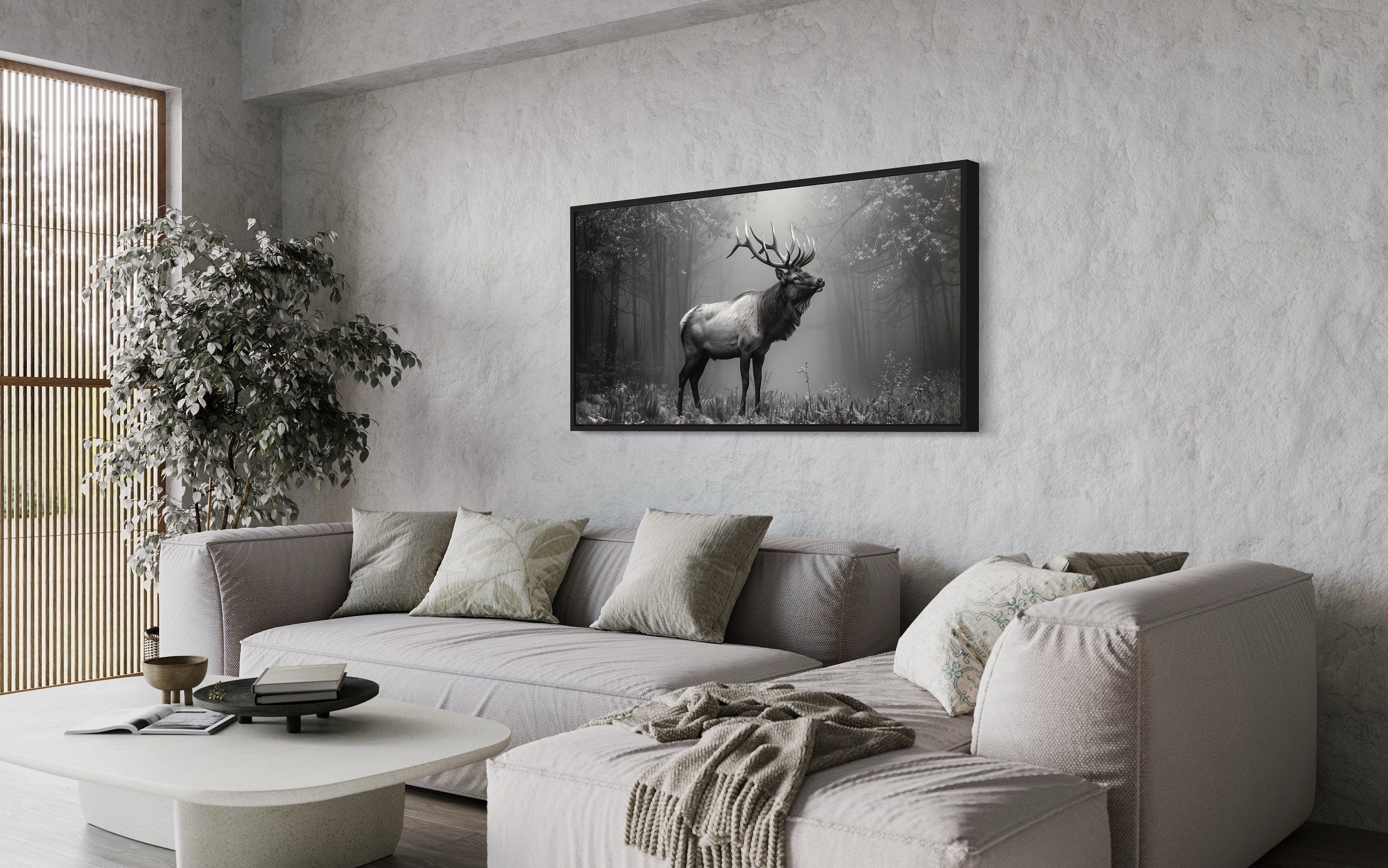 Elk Stag In The Forest Black White Photography Framed Canvas Wall Art