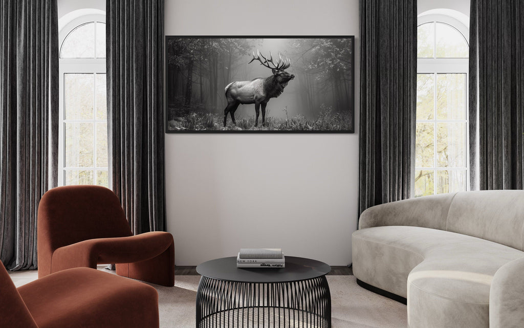 Elk Stag In The Forest Black White Photography Framed Canvas Wall Art