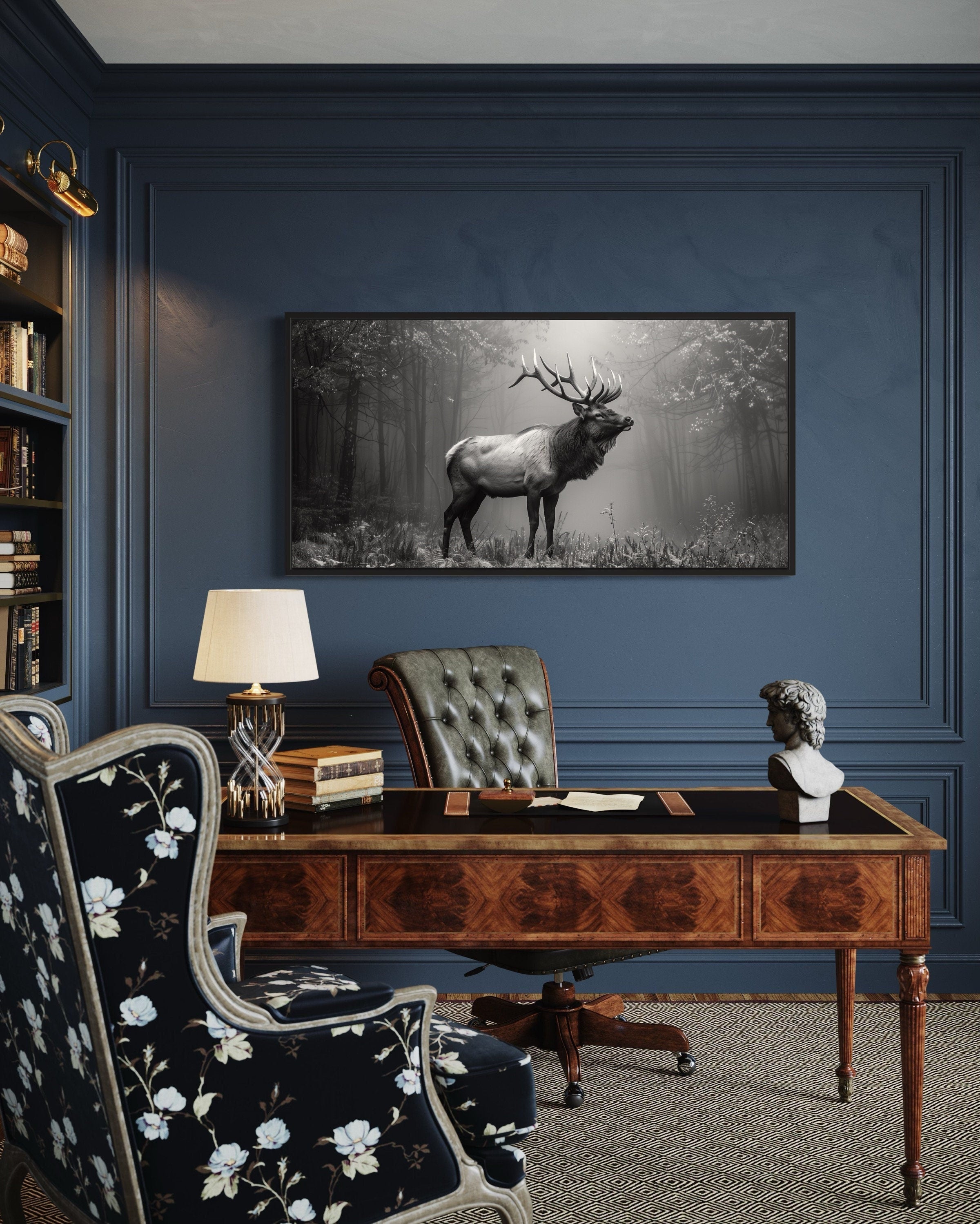 Elk Stag In The Forest Black White Photography Framed Canvas Wall Art