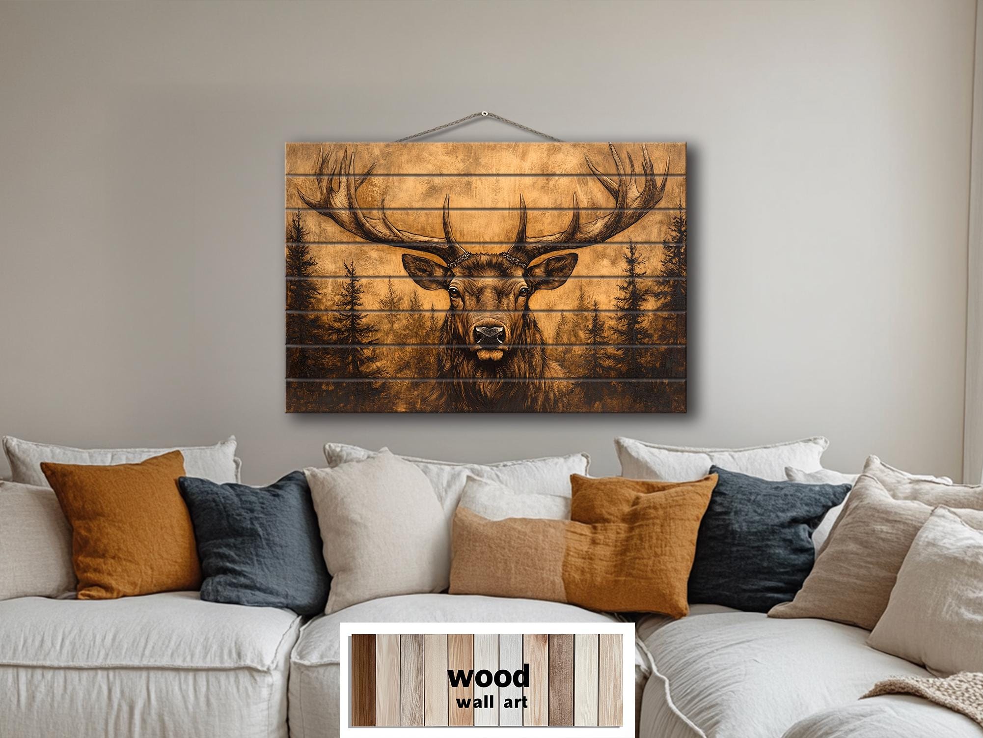 Elk With Antlers In Pine Forest Real Wood Wall Art
