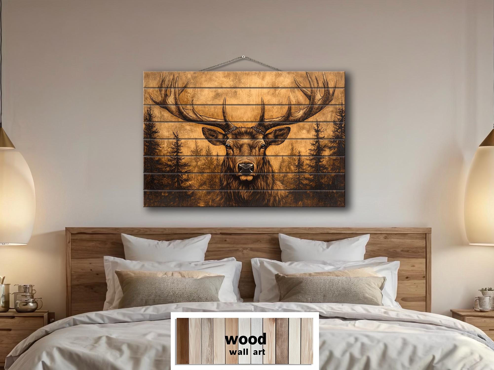 Elk With Antlers In Pine Forest Real Wood Wall Art