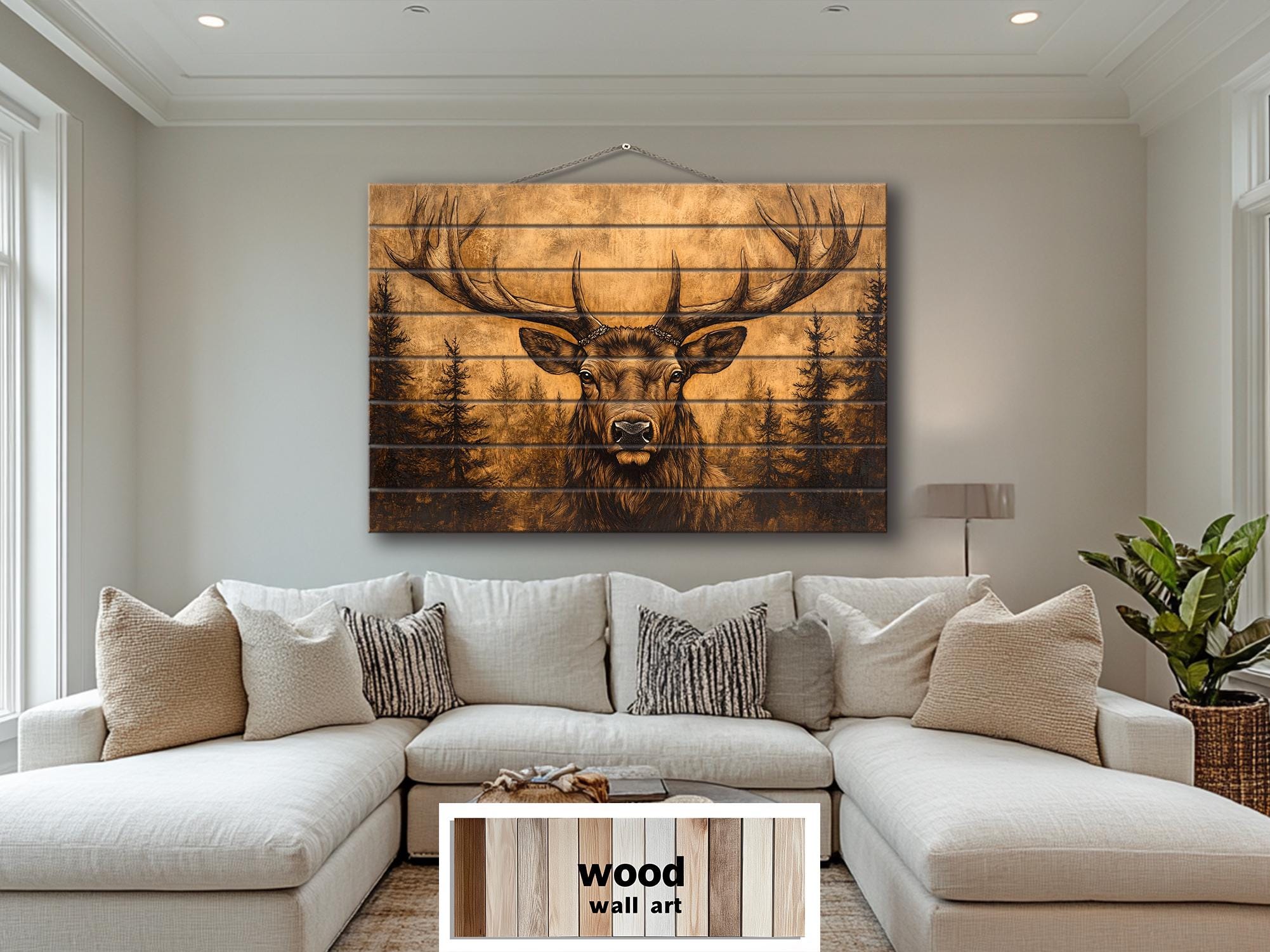 Elk With Antlers In Pine Forest Real Wood Wall Art