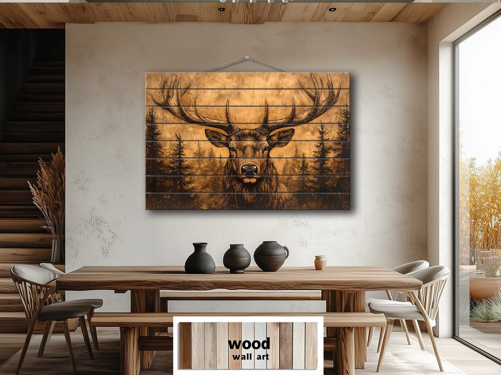 Elk With Antlers In Pine Forest Real Wood Wall Art