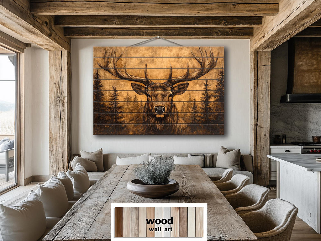 Elk With Antlers In Pine Forest Real Wood Wall Art