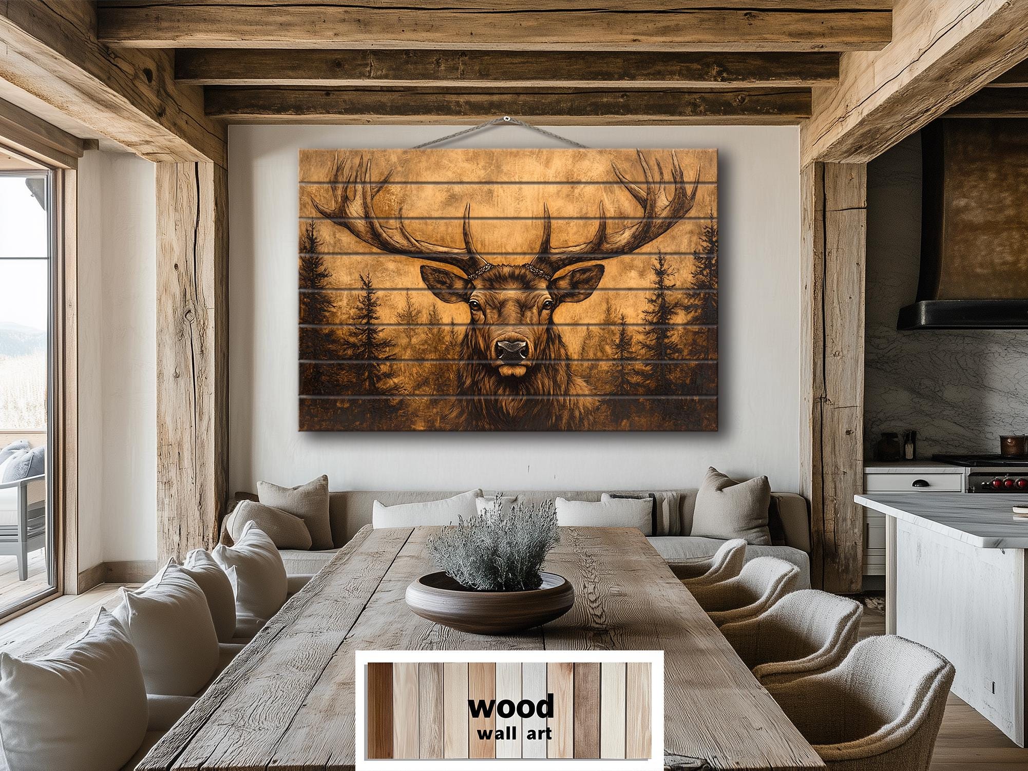Elk With Antlers In Pine Forest Real Wood Wall Art