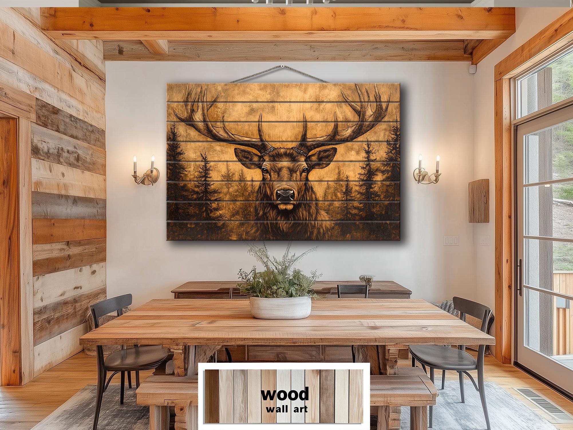 Elk With Antlers In Pine Forest Real Wood Wall Art