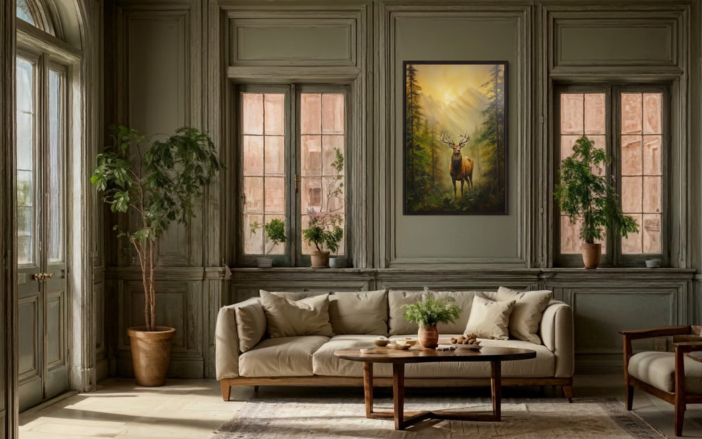 Elk in Fir Tree Forest At Sunrise Framed Canvas Wall Art