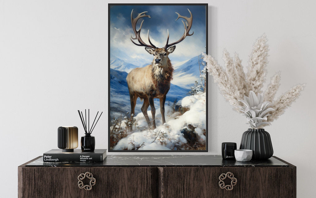 Elk in Snowy Mountains Framed Canvas Wall Art - Winter Cabin Decor