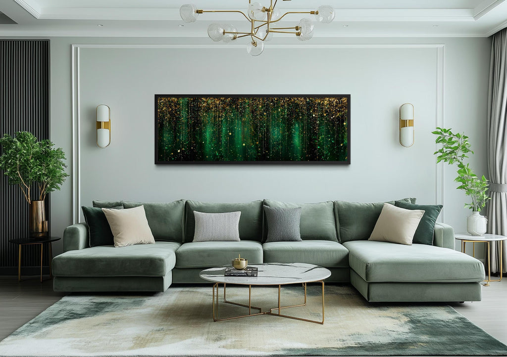 Emerald Green And Gold Abstract Rain Pattern Long Horizontal Canvas Wall Art For Above Bed Or Couch