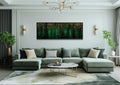 Emerald Green And Gold Abstract Rain Pattern Long Horizontal Canvas Wall Art For Above Bed Or Couch
