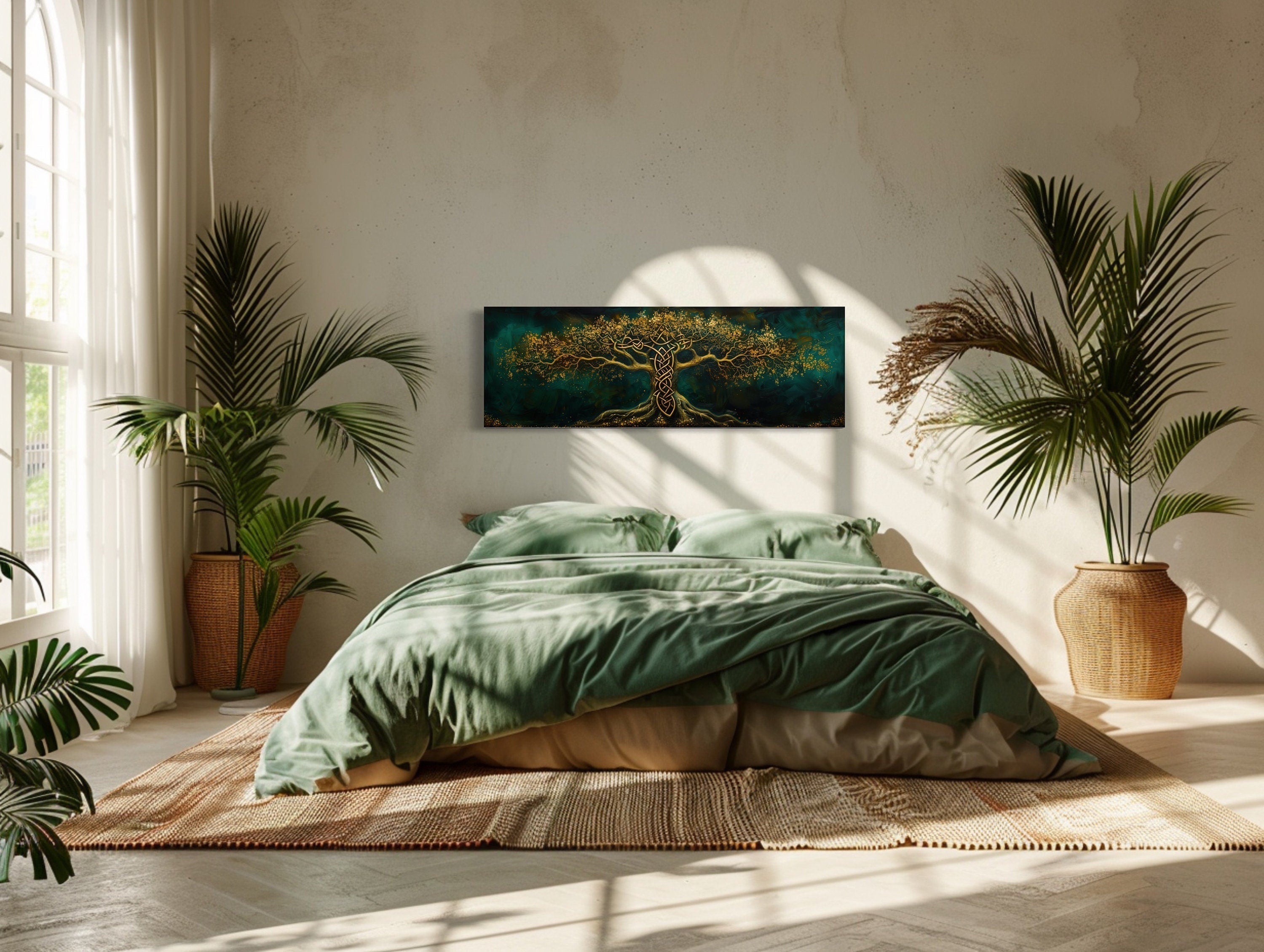 Emerald Green Gold Yggdrasil Tree Framed Canvas Wall Art