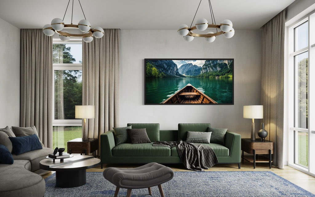 Emerald Green Lake Art – Framed Canvas Print With Wooden Canoe Decor