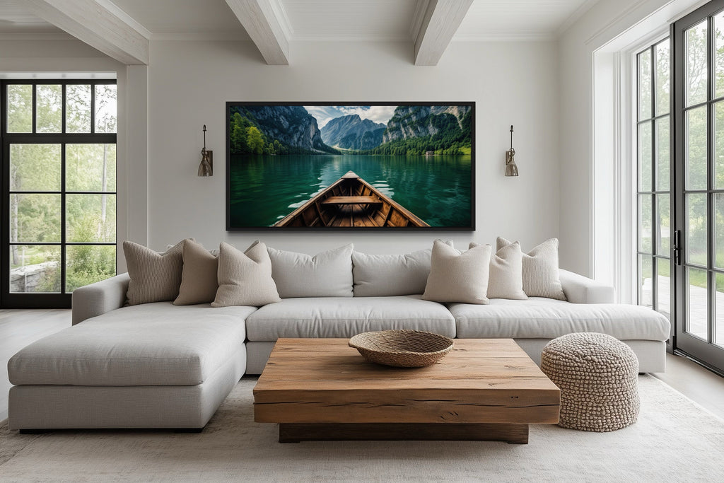 Emerald Green Lake Art – Framed Canvas Print With Wooden Canoe Decor