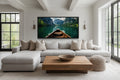 Emerald Green Lake Art – Framed Canvas Print With Wooden Canoe Decor