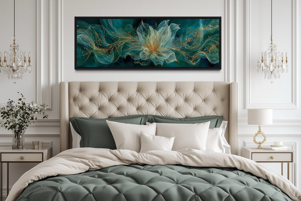 Emerald Green Living Room Minimalist Flower Long Horizontal Wall Art