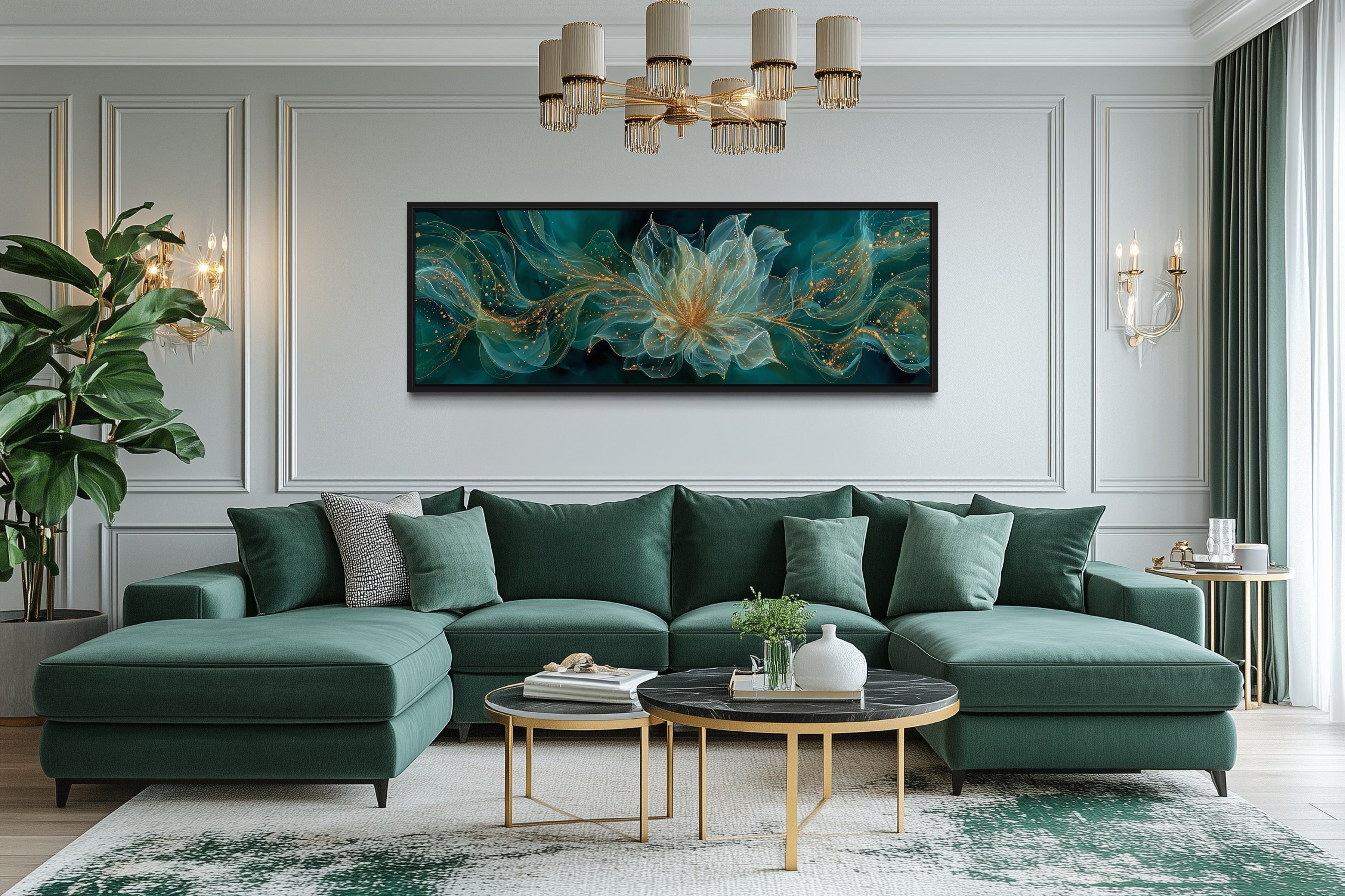 Emerald Green Living Room Minimalist Flower Long Horizontal Wall Art
