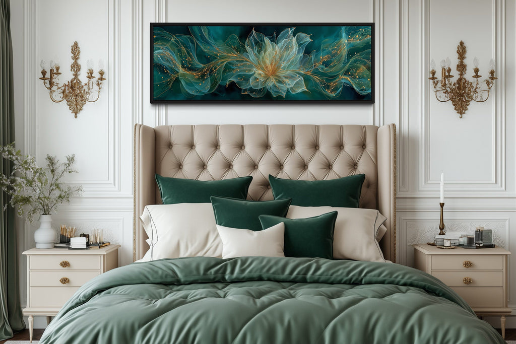 Emerald Green Living Room Minimalist Flower Long Horizontal Wall Art
