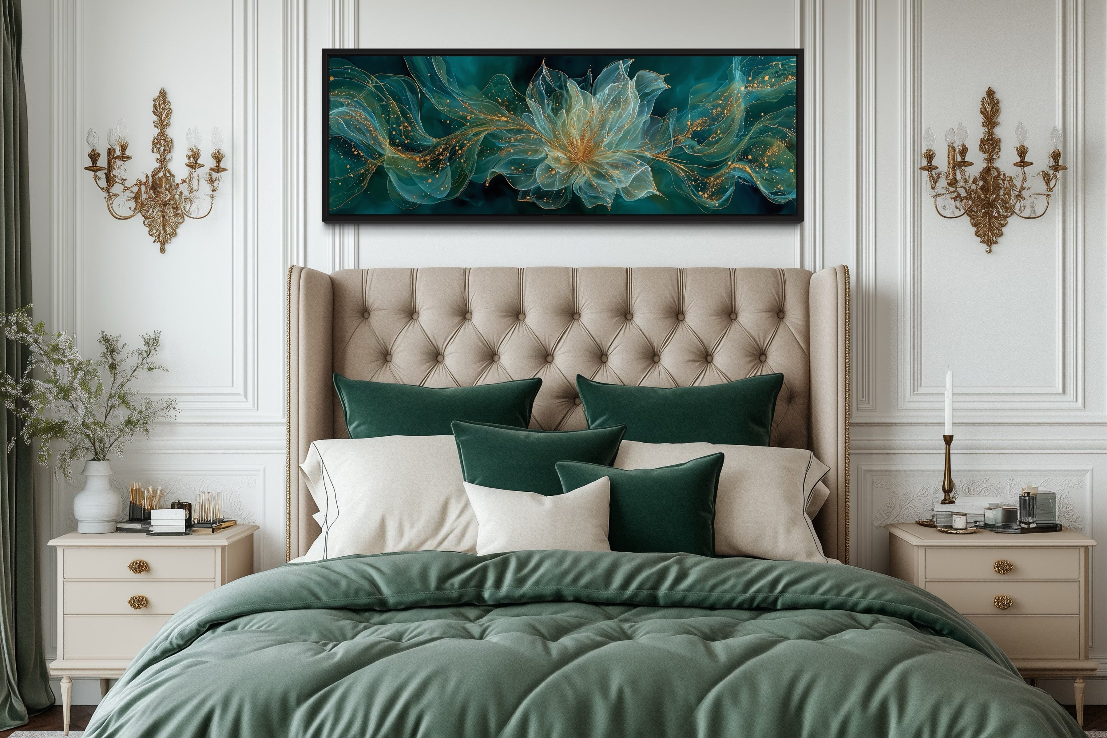 Emerald Green Living Room Minimalist Flower Long Horizontal Wall Art