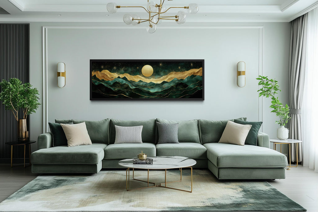 Emerald Green Long Narrow Wall Art | Gold Mountain And Moon Canvas - Luxury Panoramic Landscape Print