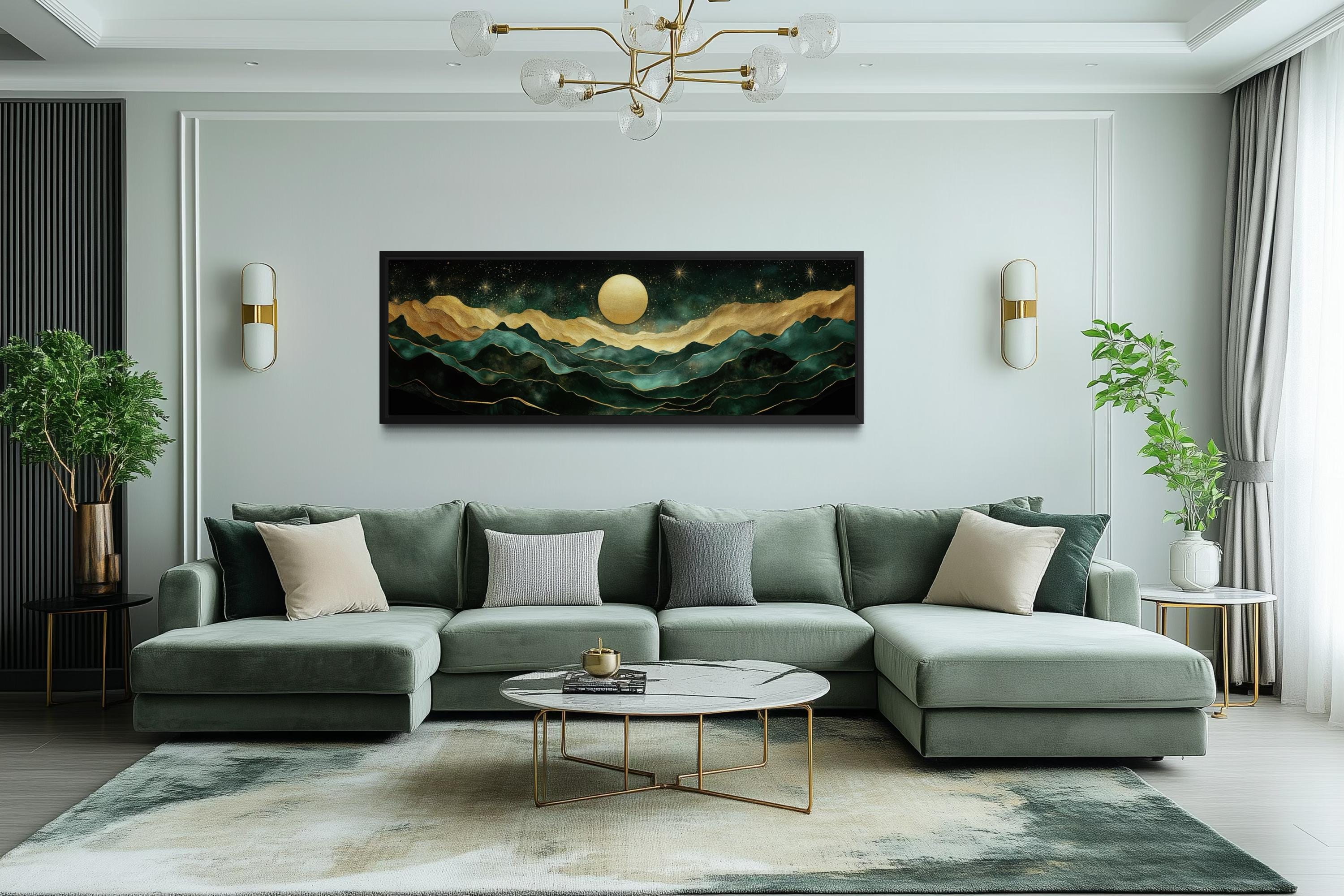 Emerald Green Long Narrow Wall Art | Gold Mountain And Moon Canvas - Luxury Panoramic Landscape Print