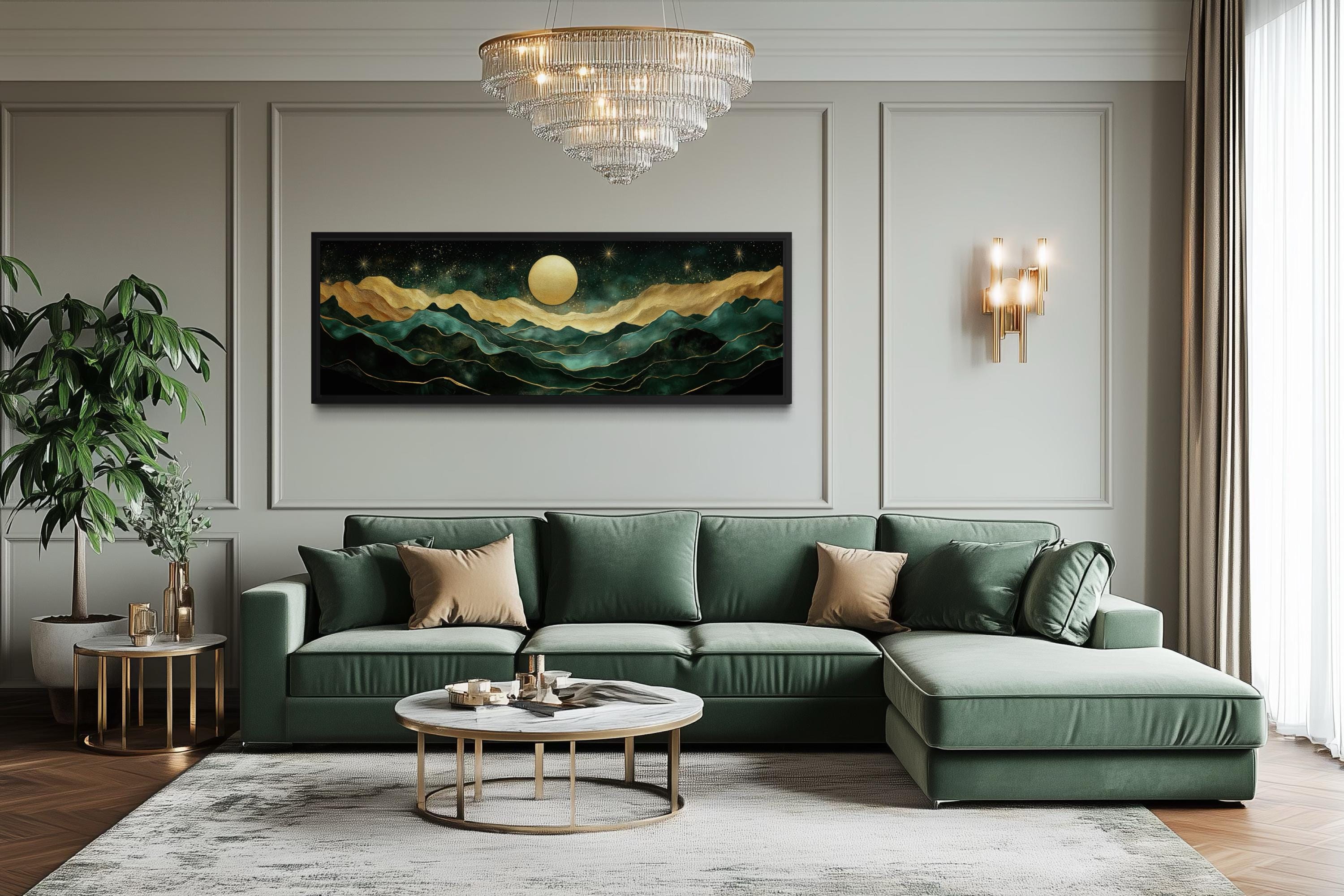 Emerald Green Long Narrow Wall Art | Gold Mountain And Moon Canvas - Luxury Panoramic Landscape Print