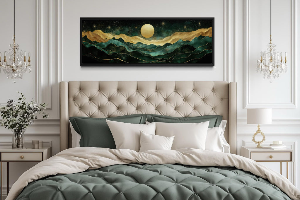 Emerald Green Long Narrow Wall Art | Gold Mountain And Moon Canvas - Luxury Panoramic Landscape Print